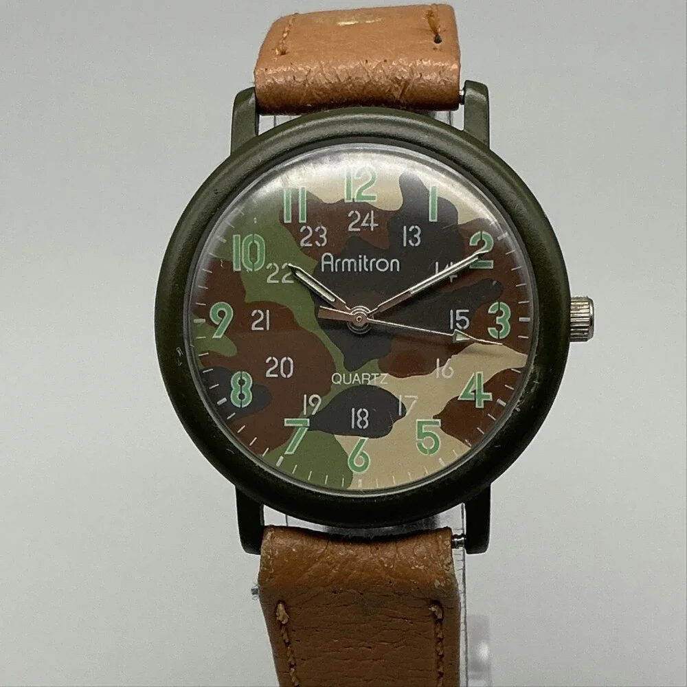 Armitron Mens Watch 32mm Camouflage Dial Brown Leather Date 24 Hour New Battery